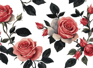  Watercolor painting Rose flower bouquet Seamless floral pattern on white background.