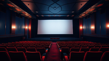 Cinema interior with seats and white screen. Movie theater room with chairs.