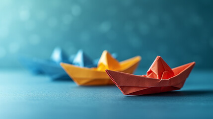 Minimalistic ships origami background concept with empty space. Vivid color image.  - obrazy, fototapety, plakaty