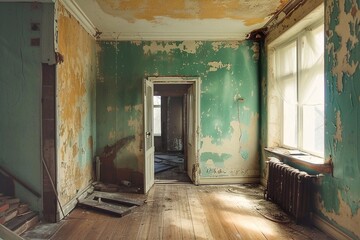 Interior of an old abandoned house with green walls and wooden floor. Remains of the interior. Repair and reconstruction of premises.