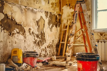 Home renovation concept. Wooden ladder, paint bucket and other tools in room