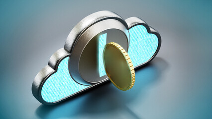 Cryptocurrency coin with cloud shaped coin counter. 3D illustration