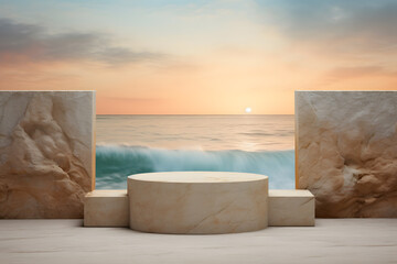 Fototapeta na wymiar Stone podium product display beach sunset background