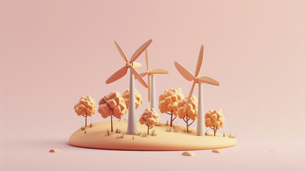 Wind power station in hills. Wind mill, Renewable wind energy, green and alternative eco energy concept. 3d icon.
