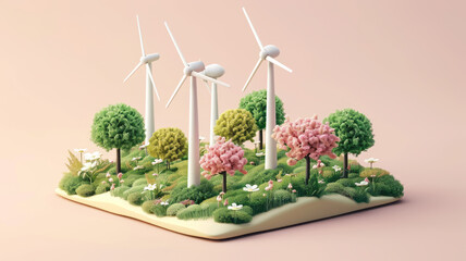 Wind power station in hills. Wind mill, Renewable wind energy, green and alternative eco energy concept. 3d icon.