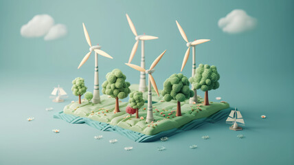 Wind power station in hills. Wind mill, Renewable wind energy, green and alternative eco energy concept. 3d icon.