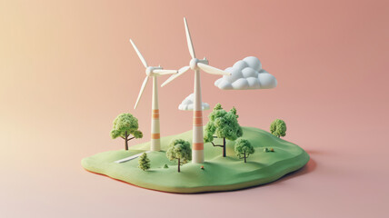 Wind power station in hills. Wind mill, Renewable wind energy, green and alternative eco energy concept. 3d icon.
