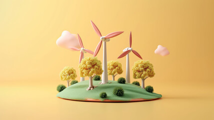 Wind power station in hills. Wind mill, Renewable wind energy, green and alternative eco energy concept. 3d icon.