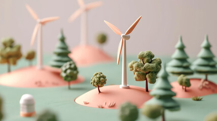Wind power station in hills. Wind mill, Renewable wind energy, green and alternative eco energy concept. 3d icon.