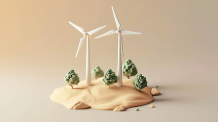 Wind power station in hills. Wind mill, Renewable wind energy, green and alternative eco energy concept. 3d icon.