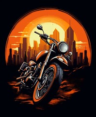 illustration of a vintage motorcycle with a sunset background
