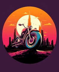 illustration of a vintage motorcycle with a sunset background