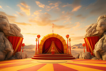Stone podium circus tent as backdrop vibrant red and yellow - obrazy, fototapety, plakaty