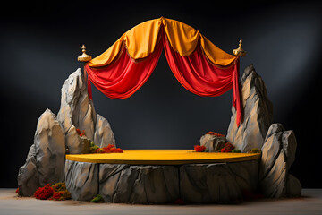 Stone podium circus tent as backdrop vibrant red and yellow