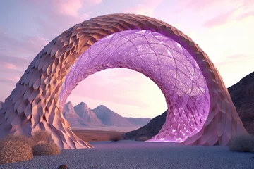 Foto auf Acrylglas Surreal crystal gate or arc. Fictional architecture or sci-fi object in the desert. © swillklitch