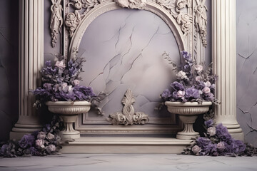 Fototapeta na wymiar Stone podium Victorian garden as backdrop lavender