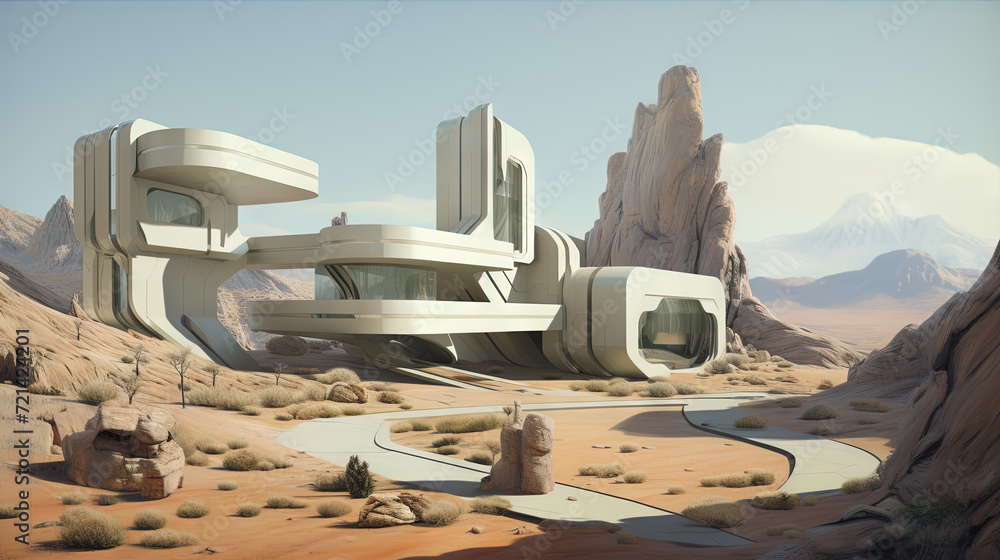 Poster retro futuristic architecture in sci-fi scene on the desert planet. alien landscape with nostalgic r