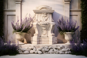 Stone podium Victorian garden as backdrop lavender