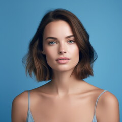 Obraz premium Close-up portrait of beautiful sensual caucasian woman with brown hair wearing blue clothes on a blue background