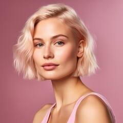 Fototapeta premium Portrait of beautiful young woman with clean fresh skin on pink background