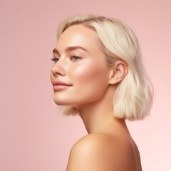 Profile of beautiful woman on pink background.