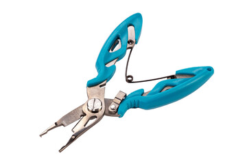 Tackle pliers for fishing blue color isolated on white background.