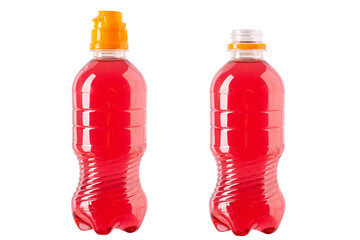 Plastic bottle of red sweet water isolated on white background. File contains clipping path.