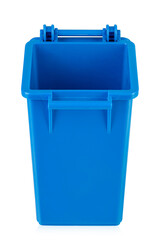 Blue recycling bin with open lid isolated on white background. Trash bin. File contains clipping path.