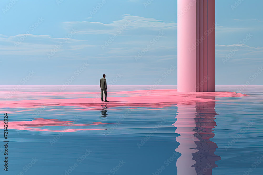 Poster surreal vaporwave landscape with abstract architecture elements on the water. dreamy landscape.