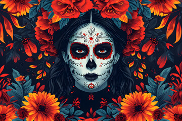 A woman with sugar skull makeup for Dia de los Muertos on a floral background.
