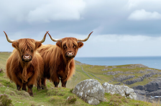 Two Highland Cattle on Coastal Cliff.
A pair of Highland cattle graze together on a coastal cliff with the ocean in the background.