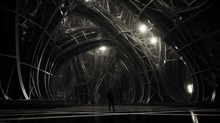 Intricate wireframe structure in a dark, mysterious, and futuristic environment