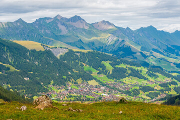 Scenic panoramic view of Adelboden village and surrounding mountains, Swiss Alps, Switzerland, Europe.