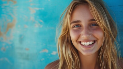 Photo with space for text. Portrait of a blonde girl with a smile and white teeth on a blue matte background. Suitable for advertising