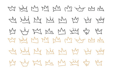 Hand-drawn doodle crowns. King crown sketches, majestic tiara, king and queen royal diadems vector. Line art prince and princess luxurious head accessories isolated on white background