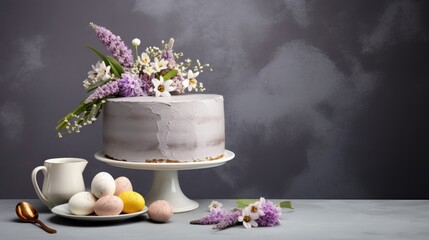 Easter egg and cake on a gray table background, creating a happy Easter backdrop for the spring holiday.