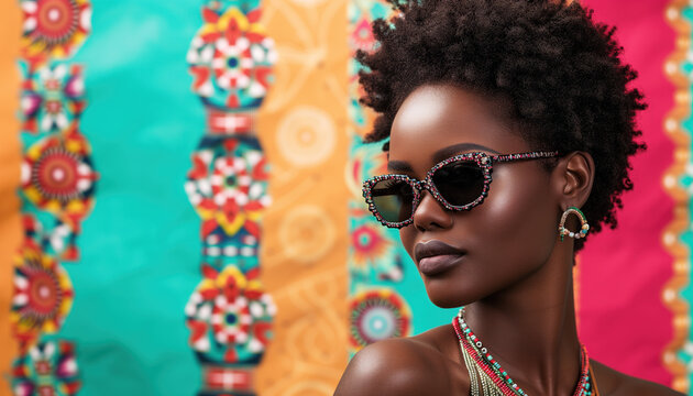 Beautiful modern african swag model, wearing jewelery, sunglasses with dark Afro hair, against colorful background with African ethnic ornaments