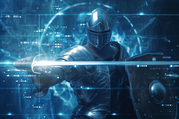 
medieval knight in armor with a sword and shield in comes out of the virtual screen. creative cyber security concept - obrazy, fototapety, plakaty