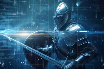 
medieval knight in armor with a sword and shield in comes out of the virtual screen. creative cyber security concept