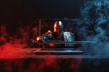 medieval knight in armor with a sword and shield in comes out of the laptop screen , creative cyber security concept - obrazy, fototapety, plakaty