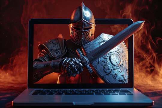 medieval knight in armor with a sword and shield in comes out of the laptop screen , creative cyber security concept
