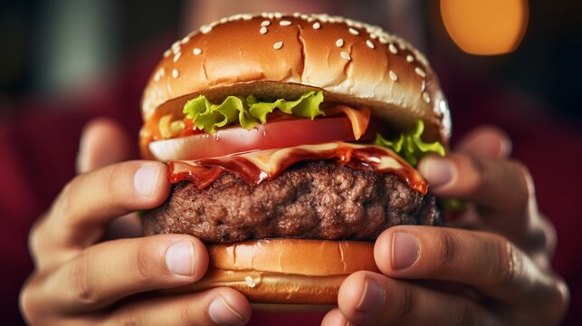A burger is being eaten by a person from a close-up perspective.