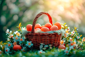 A wicker basket full of eggs stands on the grass.
