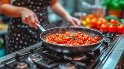 person is cooking tomato sauce with herbs in a frying pan on a stove, with tomatoes and kitchen items in the background