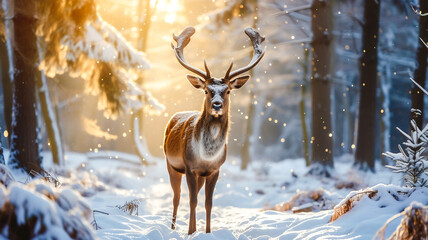 Naklejka na ściany i meble Nature wildlife scene young deer with big horn in the snowy forest .