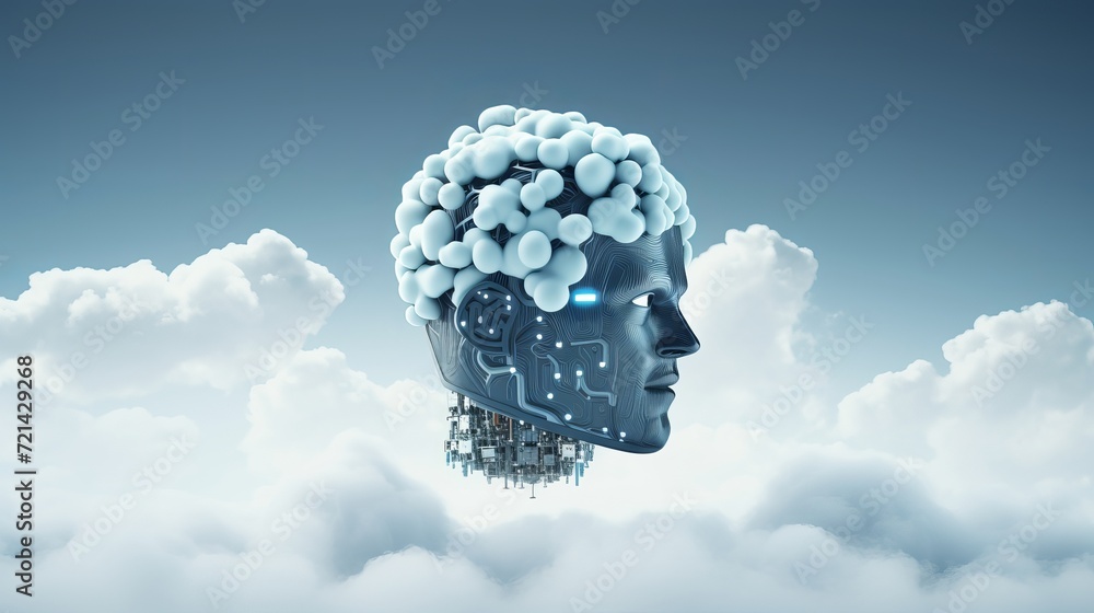 Poster a concept of an artificial intelligence cloud that has a robot head