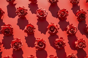 top view pattern . Red roses heads . Minimalist . Isolated on red background background.
