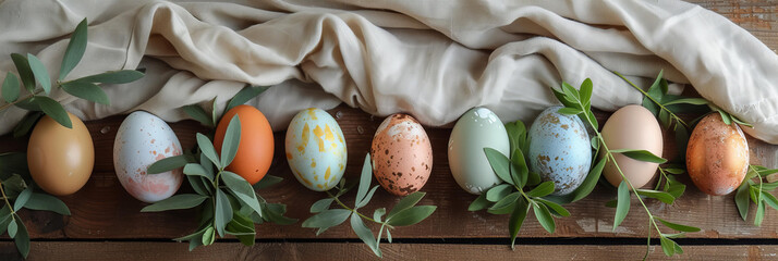 top view row pattern of eco Easter eggs with plant leaves minimalist ornaments , rustic style....