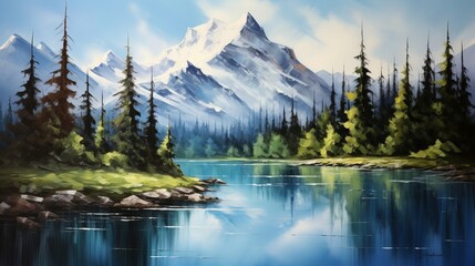 A depiction of a mountain lake with mountains in the distance.