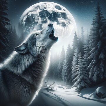 A gray wolf howls at the moon in a snowy forest